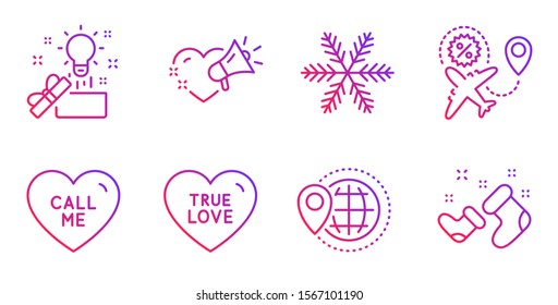 Flight sale, Snowflake and Creative idea line icons set. Call me, True love and World travel signs. Love message, Santa boots symbols. Travel discount, Air conditioning. Holidays set. Vector