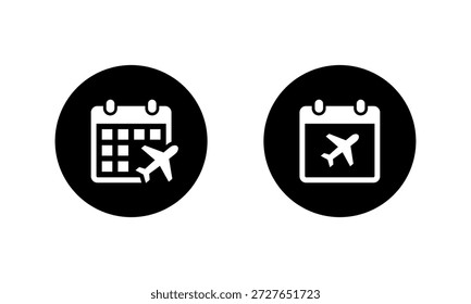 Flight schedule calendar icon in black circle. Travel planning date symbol. Airplane date sign