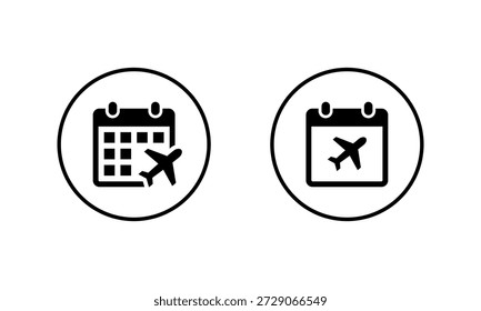Flight schedule calendar icon in circular outline. Travel planning date symbol. Airplane date sign