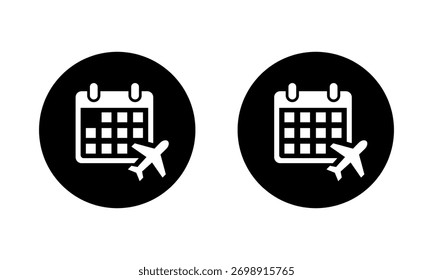 Flight schedule icon in black circle. Airplane with calendar symbol. Travel booking and planning sign