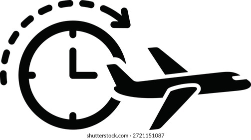 Icono de horario de vuelo con silueta de reloj y avión - Símbolo de viaje en blanco y negro