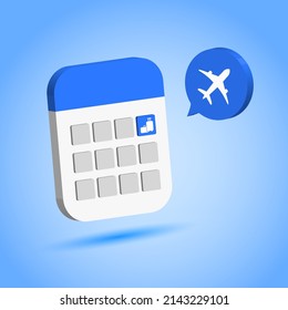 flight schedule plan reminder in 3d style calendar illustration with airplane and luggage icon