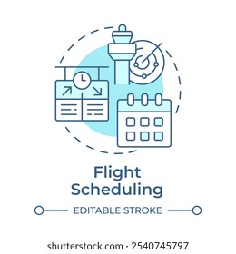 Ícone de conceito azul suave do plano de voo. Controlo do tráfego aéreo, aviação. Sistema de companhias aéreas. Ilustração de linha de forma redonda. Ideia abstrata. Design gráfico. Fácil de usar em infográfico, apresentação