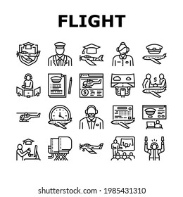 Flight School Educate Collection Icons Set Vector. Flight Courses Education For Prepare Pilot And Air Navigator, Dispatcher And Steward Black Contour Illustrations