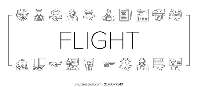 Flight School Educate Collection Icons Set Vector. Flight Courses Education For Prepare Pilot And Air Navigator, Dispatcher And Steward Black Contour Illustrations