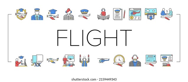 Flight School Educate Collection Icons Set Vector. Flight Courses Education For Prepare Pilot And Air Navigator, Dispatcher And Steward Concept Linear Pictograms. Contour Color Illustrations