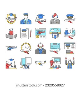 Escuela De Vuelos Educa Iconos De Colección Set Vector. Cursos De Vuelo Educación Para Preparar Pictogramas Lineales De Piloto Y Navegador De Aire, Dispatcher Y Steward Concept. Ilustraciones de color de contorno