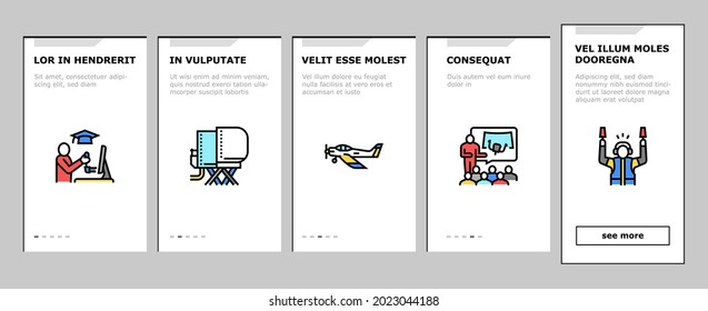 Flight School Educate Onboarding Mobile App Page Screen Vector. Flight Courses Education For Prepare Pilot And Air Navigator, Dispatcher And Steward Illustrations