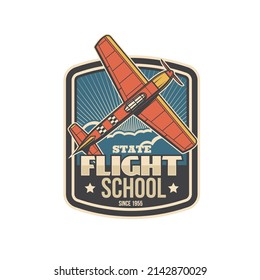 Icono de escuela de vuelo con avión, academia piloto y placa vectorial de educación de aviación. Escuela de aviadores y centro de formación en vuelos para cursos de instructores de aviación civil o de avia