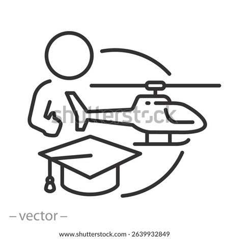 flight school icon, helicopter and graduation cap, pilot training, flight education, thin line symbol on white background - vector illustration