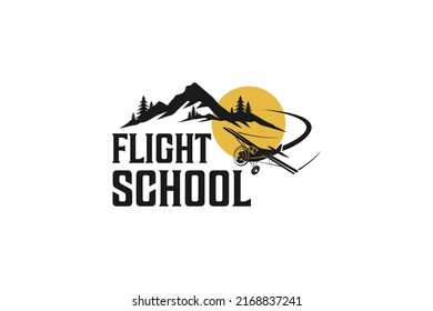 Flight school logo airline plane with mountain sunset icon design modern aviation training