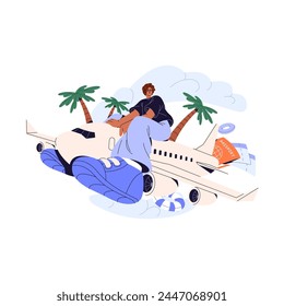 Flight to sea resort concept. People with passport, plane tickets travel by airplane. Passenger in aircraft journey. Air voyage to vacation. Flat isolated vector illustration on white background