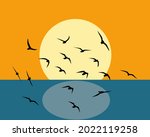 Flight of seagulls over the sea. Flying birds silhouettes. Wallpaper, background design. Vector illustration