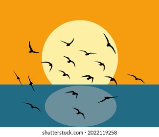 Flight of seagulls over the sea. Flying birds silhouettes. Wallpaper, background design. Vector illustration