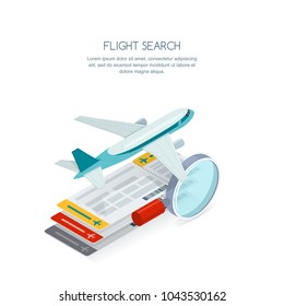 Flight search and airplane tickets service concept. Vector 3d isometric style isolated illustration of multicolor tickets, flying aircraft and magnifier. Tourism icons.