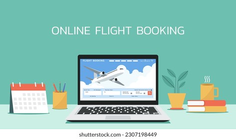 flight search application on laptop screen for booking tickets online for traveling with plane, flat vector illustration