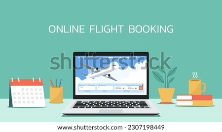 flight search application on laptop screen for booking tickets online for traveling with plane, flat vector illustration