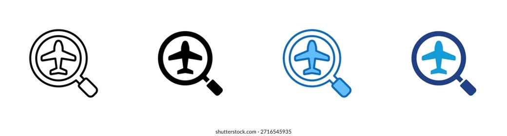 Flight Search Multiple Style Icon Design Vector - Magnifying glass with airplane symbol representing flight search and ticket booking