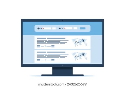 Flight search website on a computer screen. Avia sale web site aggregator for buying tickets online. Search bar and results, flight options. Travel, journey, business trip. Vector illustration