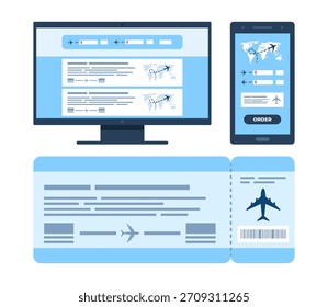 Sitio web de búsqueda de vuelos en la pantalla de un ordenador y la pantalla del teléfono. Agregador de App de venta de Avia para comprar entradas en línea. Barra de Búsqueda y resultados, opciones de vuelo. Viaje, viaje, viaje de negocios