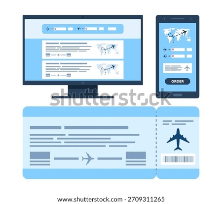 Flight search website on a computer screen and phone screen. Avia sale app aggregator for buying tickets online. Search bar and results, flight options. Travel, journey, business trip