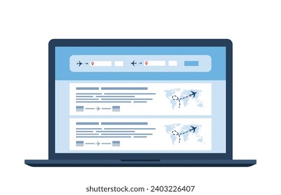 Flight search website on a laptop screen. Avia sale web site aggregator for buying tickets online. Search bar and results, flight options. Travel, journey, business trip. Vector illustration