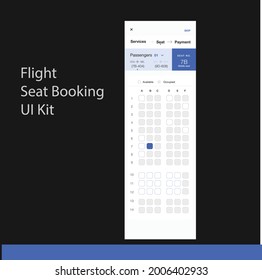 Flight Seat booking mobile application UI kit. Flight seat selects blue layout. Pack of UI, UX. Ui mobile application. Flat color full Design screens. Clean look mobile app design. Mobile application.