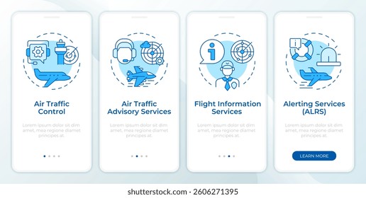 Flight services blue onboarding mobile app screen. Air traffic. Walkthrough 4 steps editable graphic instructions with linear concepts. UI, UX, GUI