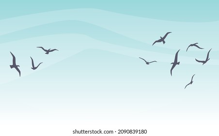 Flight silhouette on sky. Cartoon nature scenery with flyin birds