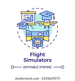 Icono de concepto multicolor de simuladores de vuelo. Entrenamiento de pilotos, pilotaje. Habilidades de aviación. Ilustración de línea de forma redonda. Abstractas idea. Diseño gráfico. Fácil de usar en infografía, presentación