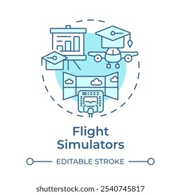 Icono de concepto azul suave de simuladores de vuelo. Entrenamiento de pilotos, pilotaje. Habilidades de aviación. Ilustración de línea de forma redonda. Abstractas idea. Diseño gráfico. Fácil de usar en infografía, presentación