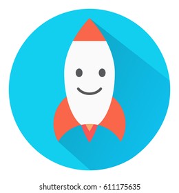 Flight of a space rocket. Smiling a mug with eyes. The spaceship starts. In flat style with a shadow. An icon with start of the spaceship.