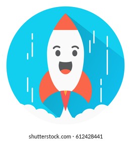 Flight of a space rocket with wings. Smiling a mug with eyes. The spaceship starts. In flat shadow.Icon start of the spaceship character cartoon.For games and business of concepts.Children's toy.