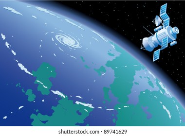 Flight of space satellite. Gradient mesh is used for planet atmosphere.
