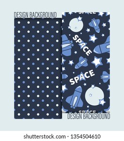 Flight of the space shuttle among the planet, stars and polka dot background. Seamless design patterns for children's textiles, tableware, background images for children's themed sites.