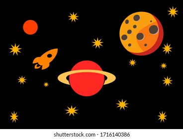 Flight of a spaceship against the backdrop of a planetary landscape. UFO. Aliens. Space station. Planets in space. Space. Poster. Advertising on the account. Cosmonautics Day. Vector.