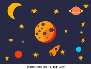Flight of a spaceship against the backdrop of a planetary landscape. UFO. Aliens. Space station. Planets in space. Space. Poster. Advertising on the account. Cosmonautics Day. Vector.