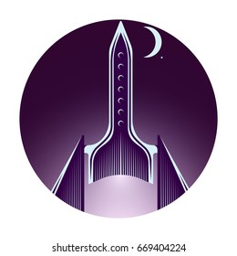 Flight of spaceship. Vector illustration depicting the flight of spaceship throughout the Universe.