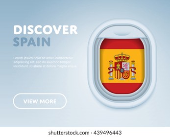 Flight to Spain traveling theme banner design for website, mobile app. Modern vector illustration. Vacation. Tourism concept. Travel banner. Adventure in Spain. Journey concept. Voyage