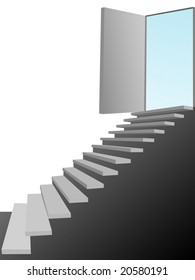 A flight of stairs symbolize progress, opportunity, and success as they lead up to a blue sky door on white.