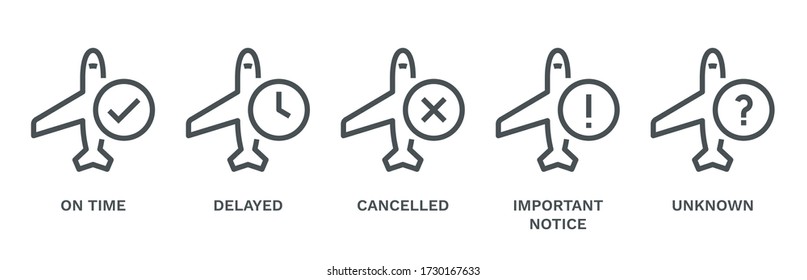 Flight Status Concept Icons. Monoline conceptThe icon was created on a 48x48 pixel aligned, perfect grid providing a clean and crisp appearance. Adjustable stroke weight. 