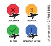 Flight status icons isolated on background vector illustration.