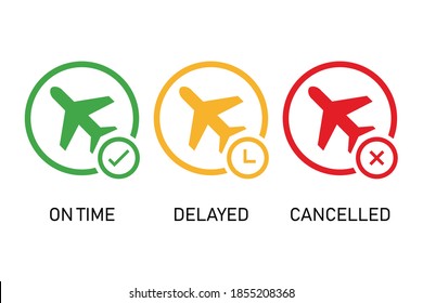 Flight status icons. on time, delayed, cancelled flight symbol. vector illustration in flat style modern design. isolated on white background.