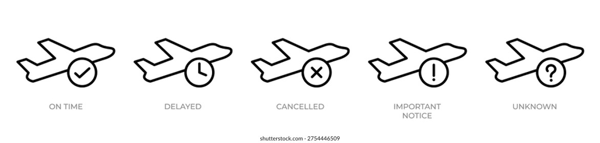 Flight status line icon set. On time, delayed, cancelled, important notice, unknown, and airline schedule icons collection. Editable vector illustration