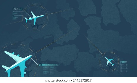 Flight status. Track airplanes flight route data, air traffic Top view of airplane flying above city map. Plane journey over modern megapolis city residential district. Vector illustration