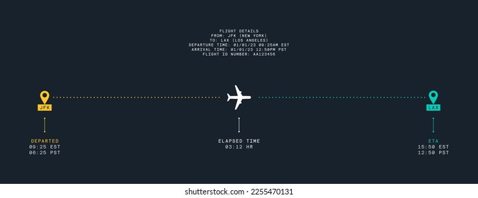 Flight Status Vector Graphic. Flight Track User Interface Template Design with Airplane Flight Route Between Airports with Location Pins, Flight Data, Time Elapsed etc