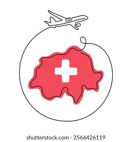 Flight to or from Switzerland. Switzerland map and airplane.