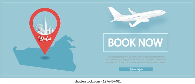 Flight and ticket advertising template with Dubai map city pin point location and famous landmark modern skyline in paper cut style vector illustration