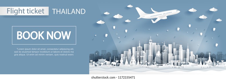 Flight and ticket advertising template with travel to Thailand concept, Thailand famous landmarks in paper cut style vector illustration