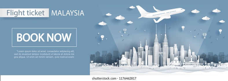 Flight and ticket advertising template with travel to Malaysia concept, Malaysia famous landmarks in paper cut style vector illustration